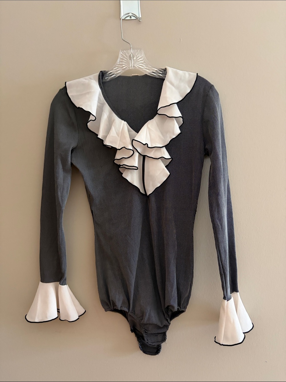 Vintage 1970’s Ruffle-Trim One-Piece Bodysuit in Charcoal and White